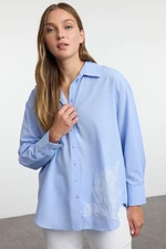 Trendyol Light Blue Oversize Wide Fit Woven Shirt with Embroidery Detail on the Hem