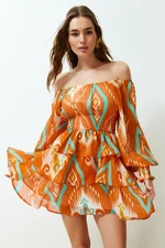 Trendyol Orange Floral Skater Madonna Neck Chiffon Lined Mini Woven Dress