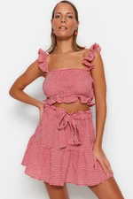 Trendyol Gingham Patterned Woven Ruffle Blouse and Skirt Set