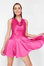 Trendyol Pink A-Line Plunging Neckline Woven Satin Short Elegant Evening Dress