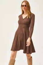 Olalook Women's Bitter Brown Double Breasted Collar Raised Mini Dress