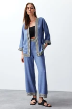 Trendyol Indigo Embroidered Kimono Trousers Woven Bottom-Top Set