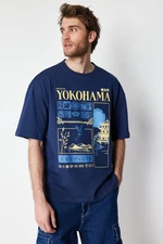 Trendyol Navy Blue Oversize Far East Printed 100% Cotton T-Shirt