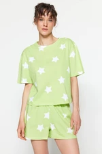 Trendyol Light Green 100% Cotton Star Patterned T-shirt-Shorts Knitted Pajama Set