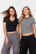 Trendyol Pack of 2 Plain Black V-neck and Striped Black Crew Neck Stretchy Knitted Blouse