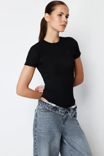 Trendyol Black Special Textured Tulle Slim Short Sleeve Stand Collar Knitted Body