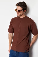 Trendyol Brown Oversize Stitch Detail 100% Cotton T-Shirt