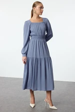 Trendyol Indigo Skirt Waist Opening Square Neck Lined Woven Dress