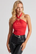 Cool & Sexy Women's Red Tie Neck Ringed Crop Blouse