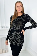 Knitted dress with gold and silver cubic zirconia pattern in black