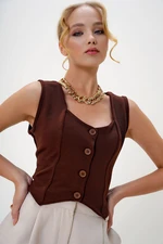 Trend Alaçatı Stili Women's Brown Heart Collar Buttoned Crop Vest