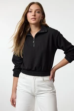 Trendyol Black Stand Collar Zippered Crop Knit Sweatshirt