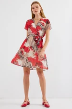 Bigdart 2502 Short Sleeve Patterned Chiffon Dress - Red