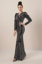 By Saygı Gathered Shoulders Velvet Stitching Long Dress Silver