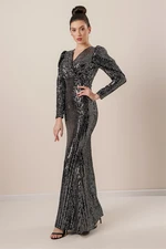 By Saygı Velvet Sequin Long Dress with Gathered Shoulders