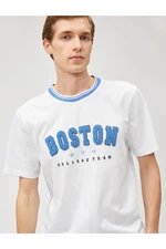 Koton College T-shirt. Crew Neck Trims Embroidered Appliques Detailed Short Sleeves.