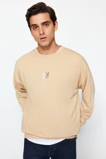 Trendyol Beige Men's Oversize/Wide Cut Crew Neck Long Sleeve Text Printed Sweatshirt.