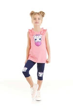 Denokids Kitten Girls Pink T-shirt, Navy Blue Leggings, Summer Suit.