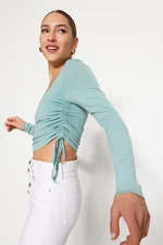 Trendyol Dark Mint Square Collar Shirred Knitted Blouse