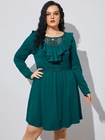 Plus Size Crew Neck Lace Ruffle Trim Patchwork Dress