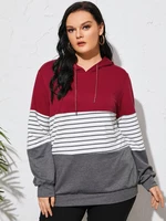 Plus Size Striped Hooded Design Patchwork Sweatshirt
