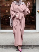 Women Round Neck Solid Color Lace-up Twist Ankle Length Kaftan Maxi Dress