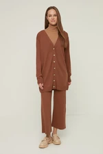 Trendyol Cinnamon V-Neck Button Detailed Long Cardigan-Pants Knitwear Suit