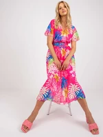 Pink pleated midi dress with tropical print