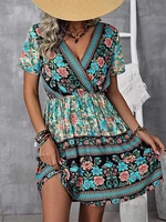 Bohemian Floral Print Wrap V-neck Short Sleeve Dress