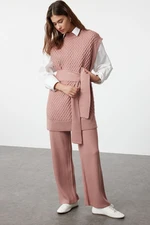 Trendyol Dusty Rose Belted Brass Knitted Sweater-Pants Knitwear Bottom-Top Set