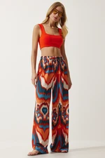 Happiness İstanbul Women's Orange Navy Blue Patterned Flowing Viscose Palazzo Trousers