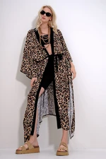 Trend Alaçatı Stili Women's Beige Leopard Patterned Bellows Belted Maxi Length Kimono Caftan