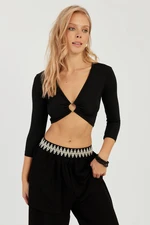 Cool & Sexy Women's Black Front Loop Crop Blouse