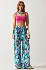 Happiness İstanbul Women's Turquoise Patterned Flowing Viscose Palazzo Trousers