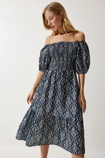 Happiness İstanbul Women's Navy Blue Cream Patterned Summer Woven Dress