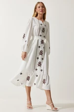 Happiness İstanbul Women's Ecru Embroidered Linen Surface Long Woven Dress