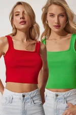 Happiness İstanbul Women's Red Green 2 Pieces Summer Tricot Crop Blouse