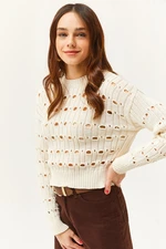 Olalook Women's Ecru Crew Neck Perforated Seasonal Knitwear Blouse