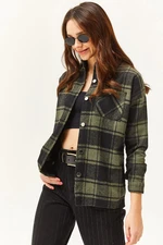 Olalook Women's Khaki Black Single Pocket Thick Plaid Lumberjack Shirt