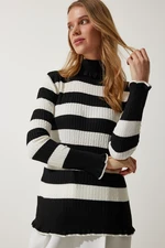 Happiness İstanbul Women's Black Ecru Turtleneck Frilly Striped Knitwear Sweater