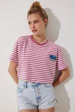 Happiness İstanbul Women's Pink Embroidery Detailed Striped 100% Cotton Crop Knitted T-Shirt