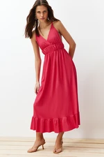 Trendyol Fuchsia Plain Gathered Maxi Skirt Ruffle V Neck Strappy Maxi Ribbed Flexible Knit Dress