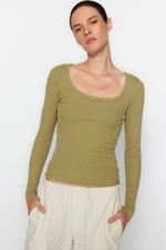 Trendyol Khaki Faded/Faded Effect Ribbed Pool Neck Fitted Cotton Stretch Knitted Blouse