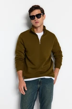 Trendyol Green Regular/Normal Cut Stand Collar Zippered Cotton Basic Polar Fleece Sweatshirt