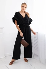 Jumpsuit with a tie at the waist with decorative sleeves in black