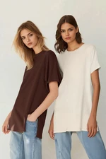 Trendyol Brown-Beige 2 Pack Slit Detailed Crew Neck Short Sleeve Basic Knitted T-Shirt