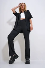 Trend Alaçatı Stili Women's Black Boy Friend Shirt and High Waist Trousers Wrap Suit