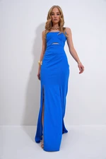 Trend Alaçatı Stili Women's Blue Adjustable Strap Out Cut Slit Graduation Dress