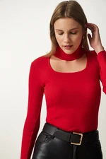 Happiness İstanbul Women's Red Cut Out Detailed Turtleneck Ribbed Knitted Blouse