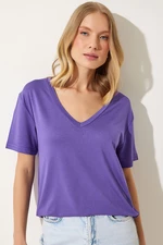 Happiness İstanbul Women's Purple V-Neck Basic Viscose Knitted T-Shirt